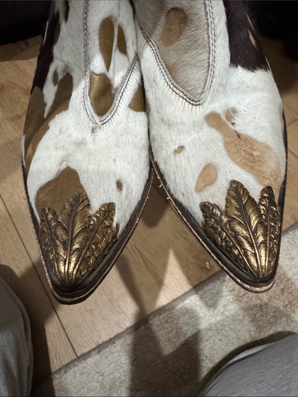 Gold-Embellished Cowhide Ankle Booties with Tribal Medallion vintage *price firm - Picture 4 of 7